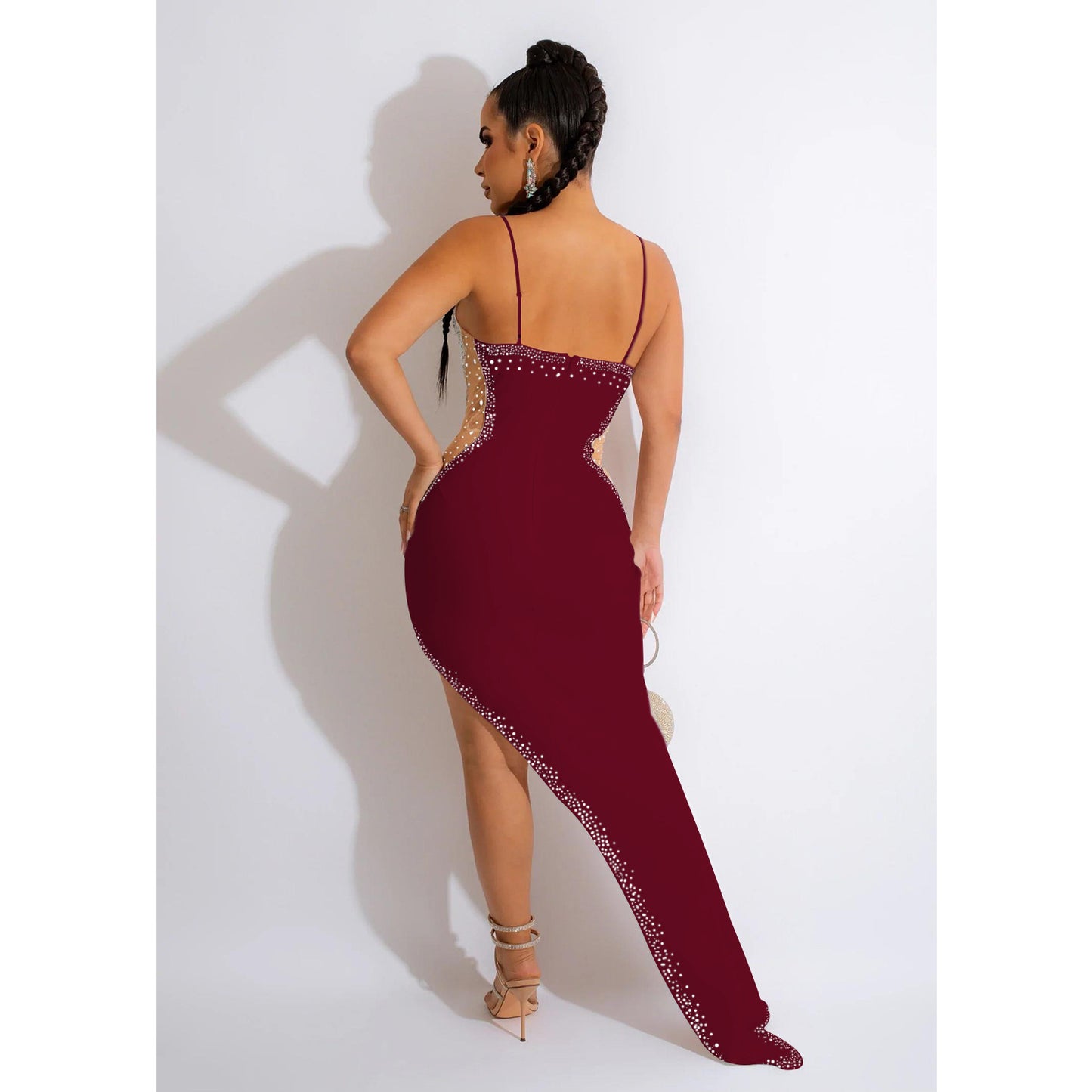 MALYBGG Solid Color Rhinestone Strap Maxi Dress 6039LY