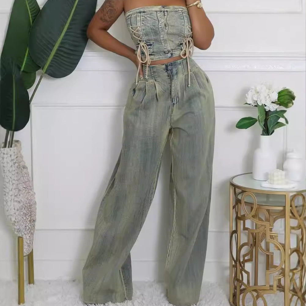 MALYBGG New Arrival: Sexy Girl Crop Tube Top & Straight-Leg Wide-Leg Distressed Denim Jeans Set ZZ-27664