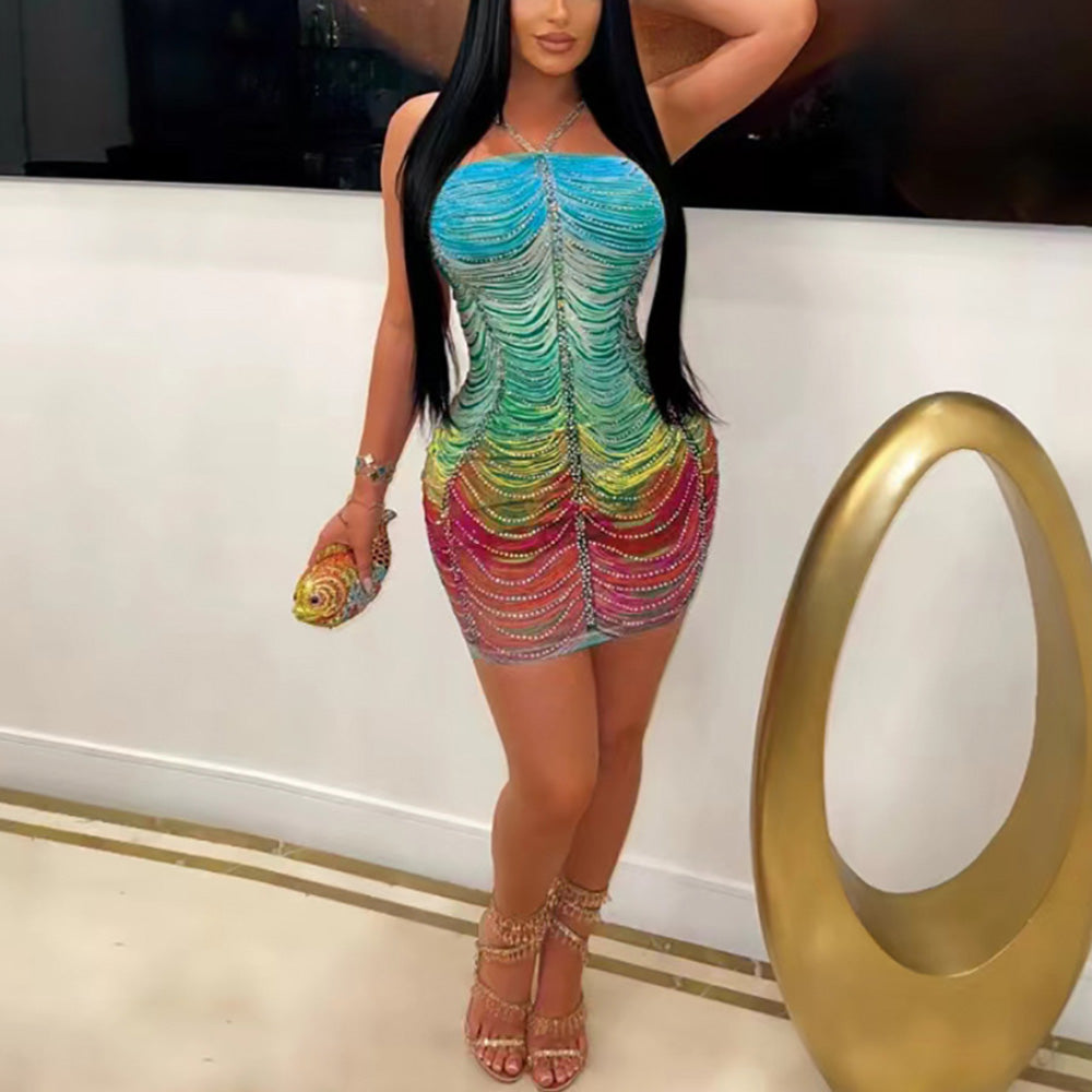 MALYBGG Fashionable Women's Sexy Sling Sparkling Rhinestone - Decorated Hip - Hugging Mini Dress for Casual Gatherings ZZ-27854