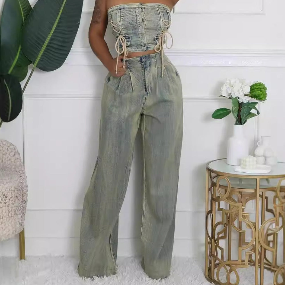 MALYBGG New Arrival: Sexy Girl Crop Tube Top & Straight-Leg Wide-Leg Distressed Denim Jeans Set ZZ-27664