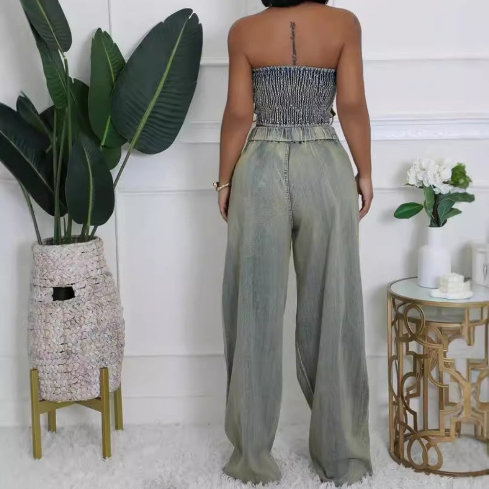 MALYBGG New Arrival: Sexy Girl Crop Tube Top & Straight-Leg Wide-Leg Distressed Denim Jeans Set ZZ-27664