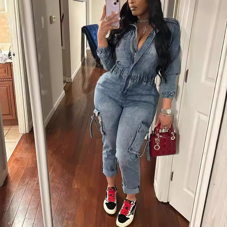 MALYBGG Fresh Release: Trendy Washed High - Stretch Long - Sleeve Denim Jumpsuit ZZ-27621