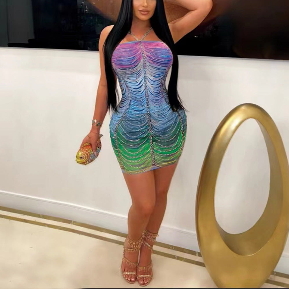 MALYBGG Fashionable Women's Sexy Sling Sparkling Rhinestone - Decorated Hip - Hugging Mini Dress for Casual Gatherings ZZ-27854