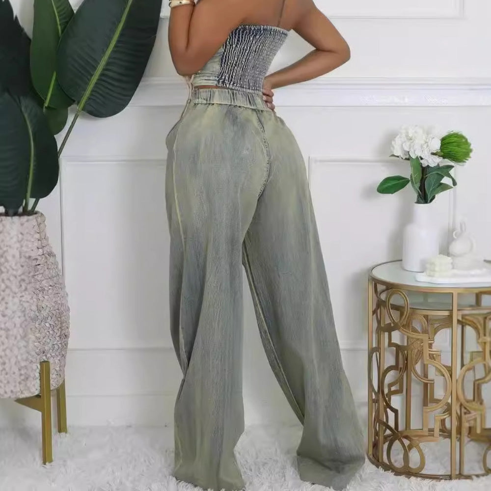 MALYBGG New Arrival: Sexy Girl Crop Tube Top & Straight-Leg Wide-Leg Distressed Denim Jeans Set ZZ-27664