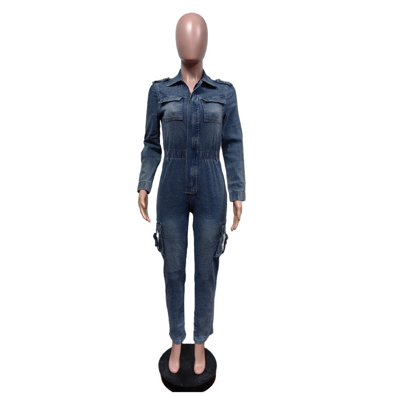 MALYBGG Fresh Release: Trendy Washed High - Stretch Long - Sleeve Denim Jumpsuit ZZ-27621