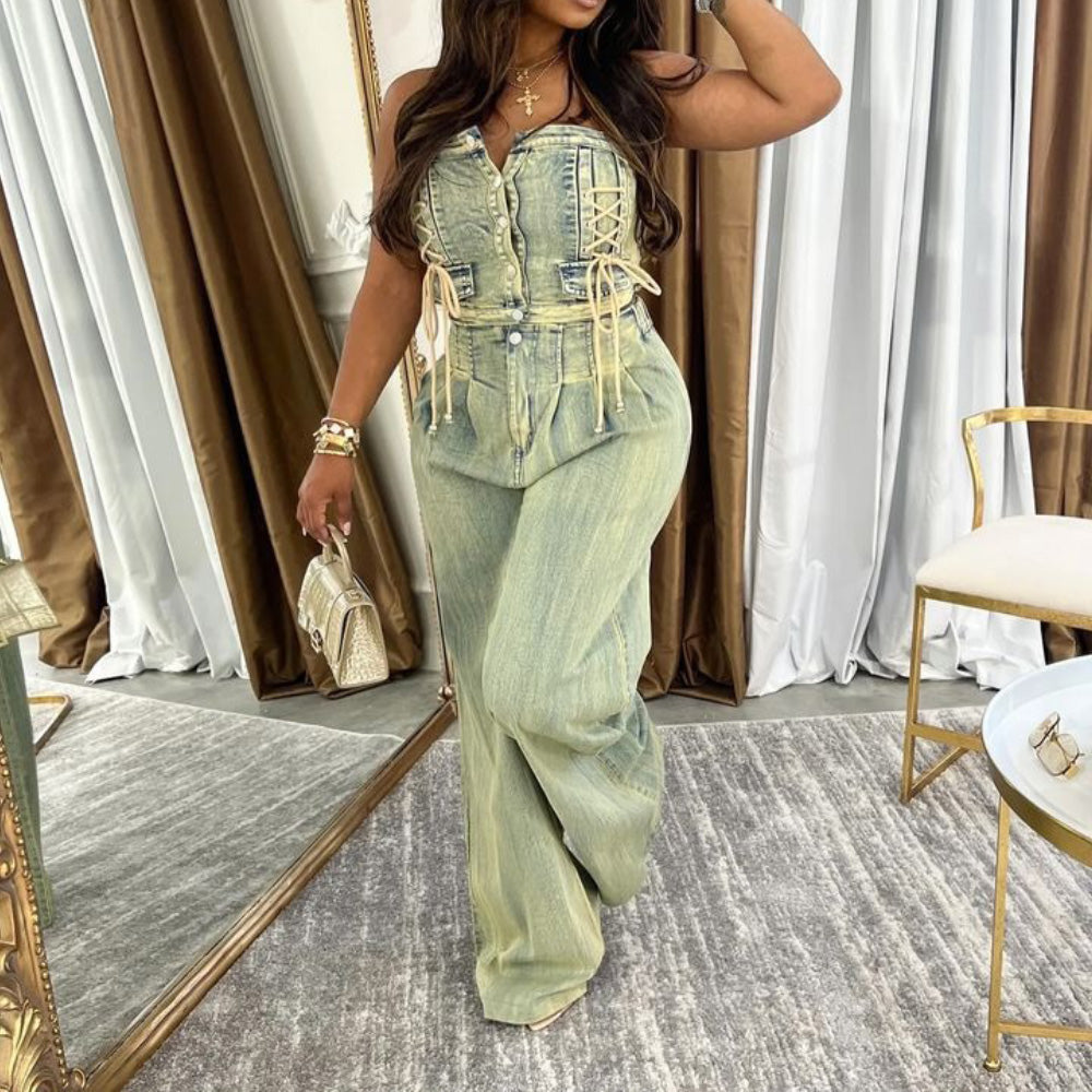 MALYBGG New Arrival: Sexy Girl Crop Tube Top & Straight-Leg Wide-Leg Distressed Denim Jeans Set ZZ-27664