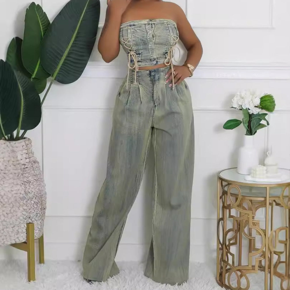 MALYBGG New Arrival: Sexy Girl Crop Tube Top & Straight-Leg Wide-Leg Distressed Denim Jeans Set ZZ-27664
