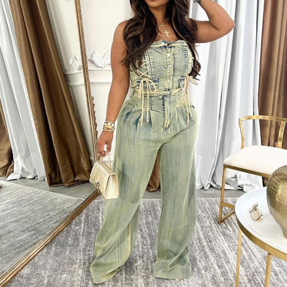 MALYBGG New Arrival: Sexy Girl Crop Tube Top & Straight-Leg Wide-Leg Distressed Denim Jeans Set ZZ-27664