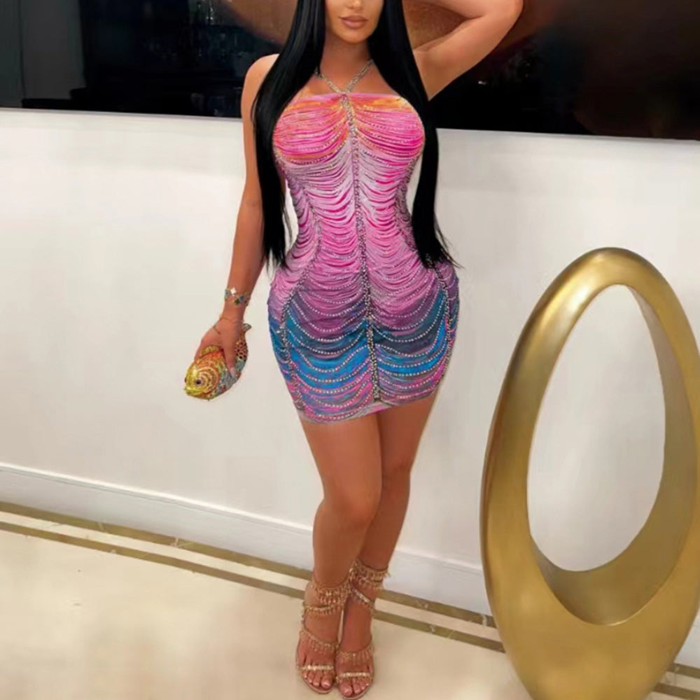 MALYBGG Fashionable Women's Sexy Sling Sparkling Rhinestone - Decorated Hip - Hugging Mini Dress for Casual Gatherings ZZ-27854