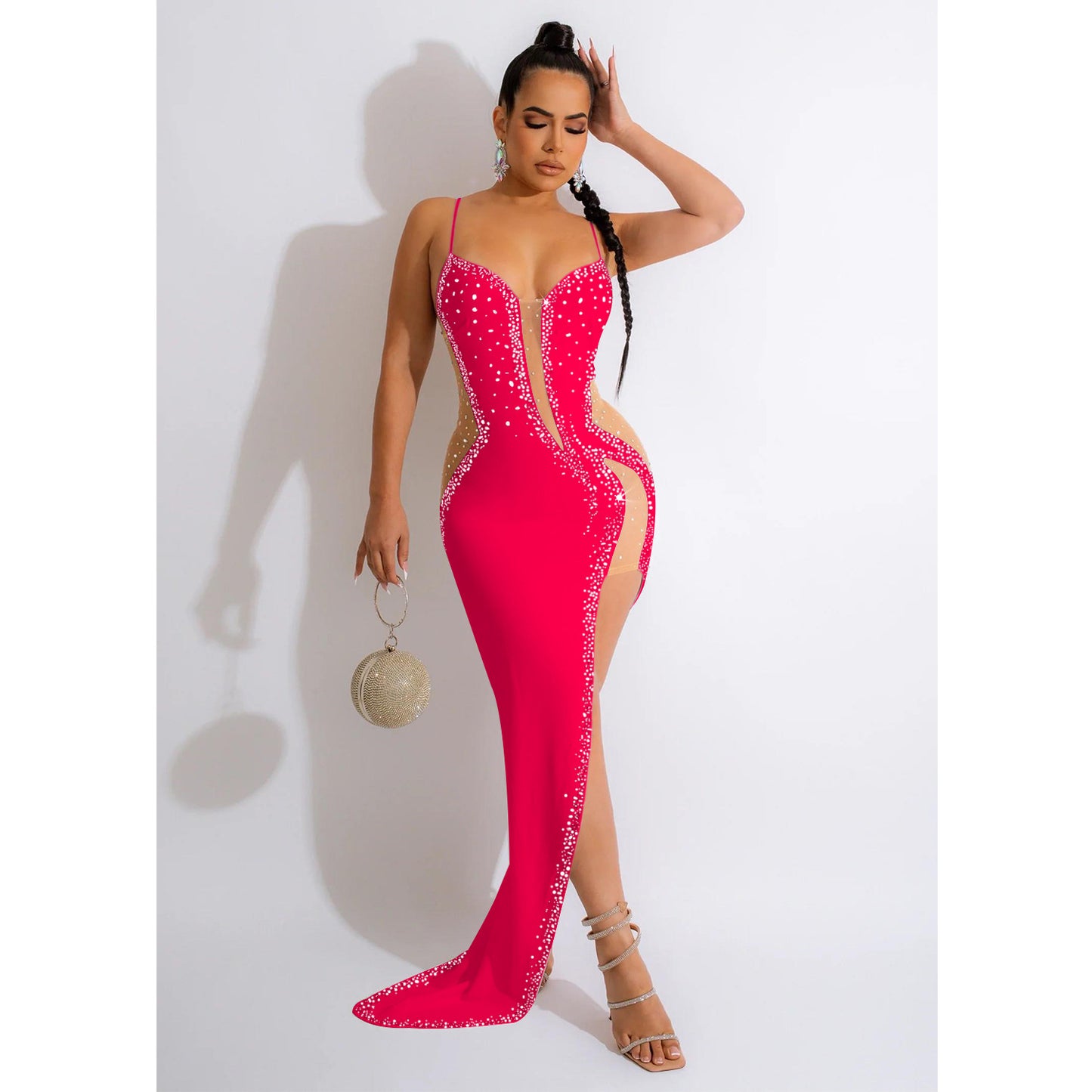 MALYBGG Solid Color Rhinestone Strap Maxi Dress 6039LY
