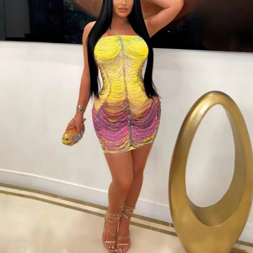 MALYBGG Fashionable Women's Sexy Sling Sparkling Rhinestone - Decorated Hip - Hugging Mini Dress for Casual Gatherings ZZ-27854