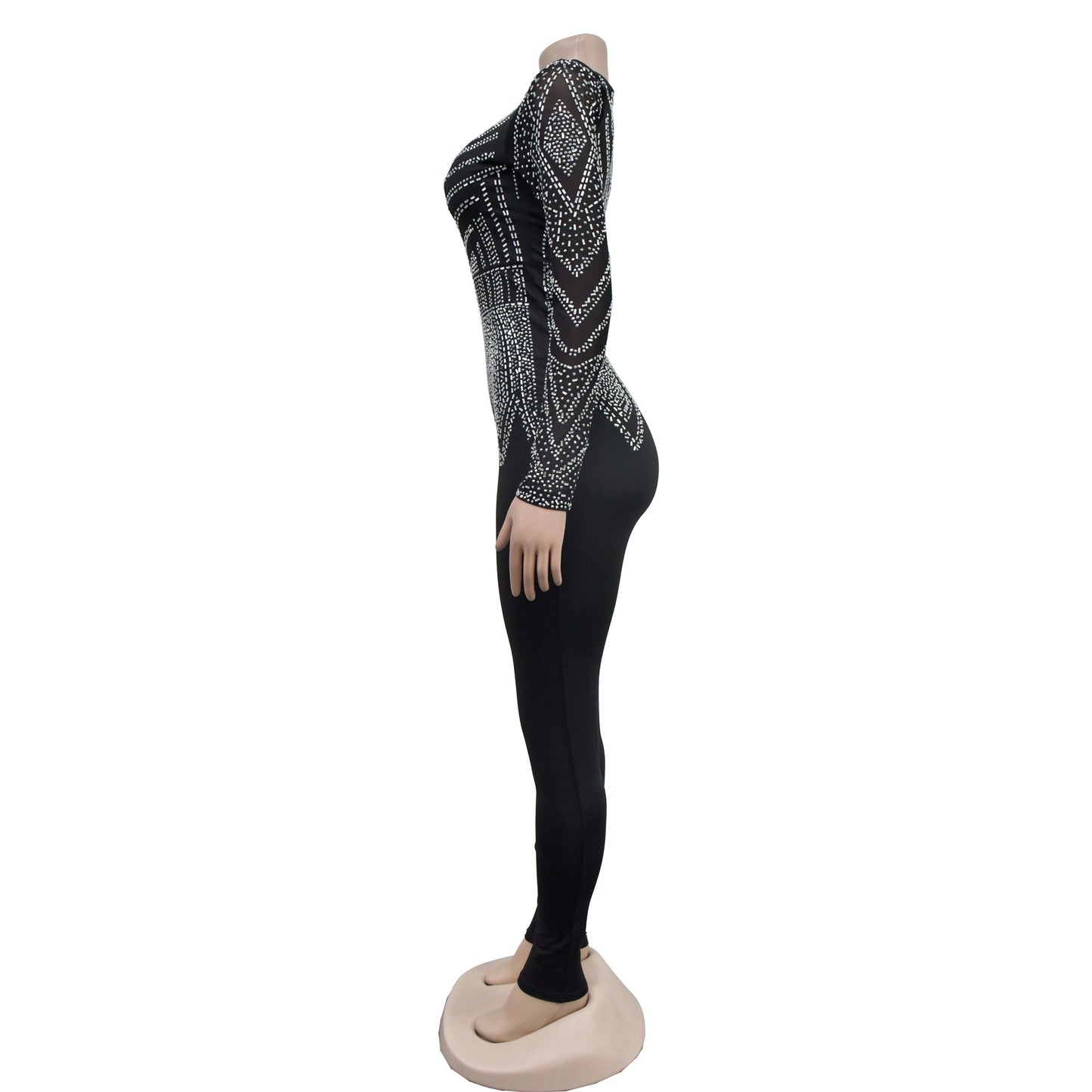 MALYBGG V-neck Mesh Sequin Long Sleeve Jumpsuit 6875-1LY