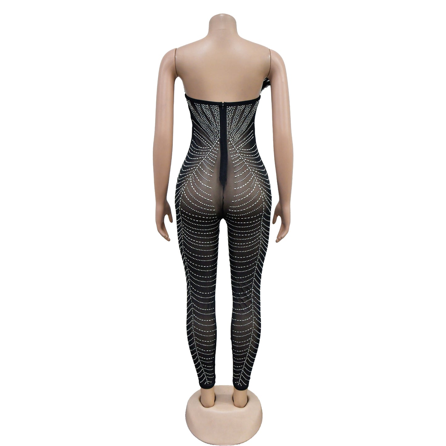 MALYBGG Solid Color Sensual Mesh Rhinestone Bodysuit 6735LY