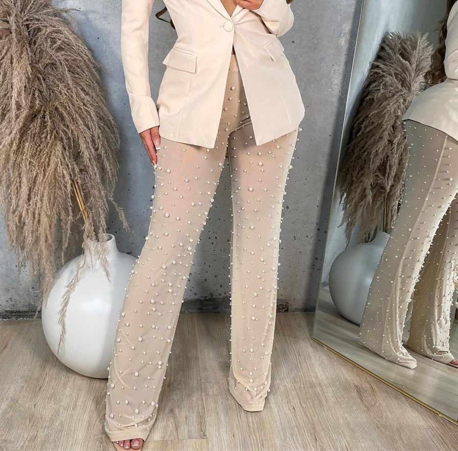 MALYBGG Wide-Leg Beaded Trousers in Sheer Mesh with Elastic Waist 83139LY