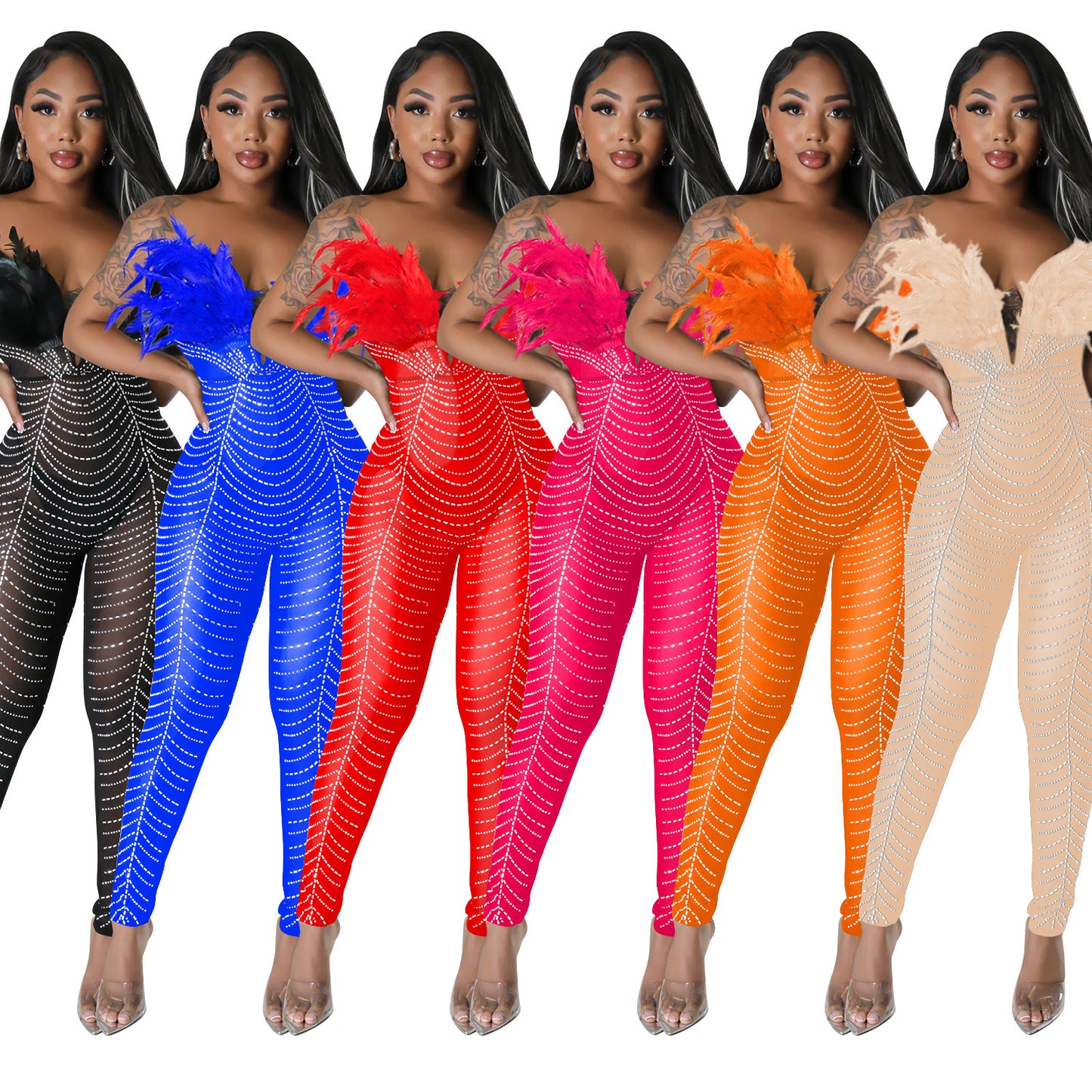 MALYBGG Solid Color Sensual Mesh Rhinestone Bodysuit 6735LY