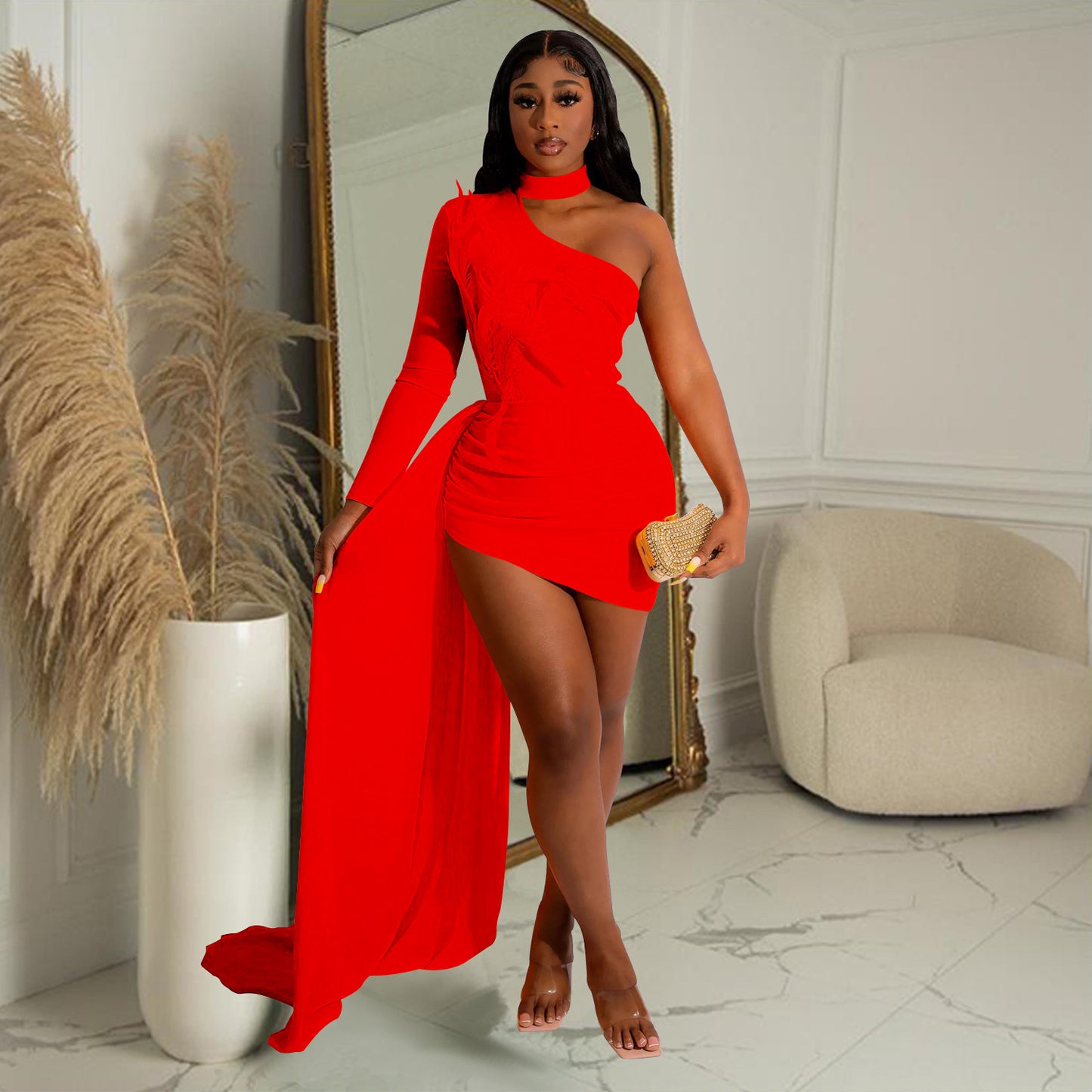 MALYBGG One-Shoulder Long Sleeve Cape Dress 6126LY