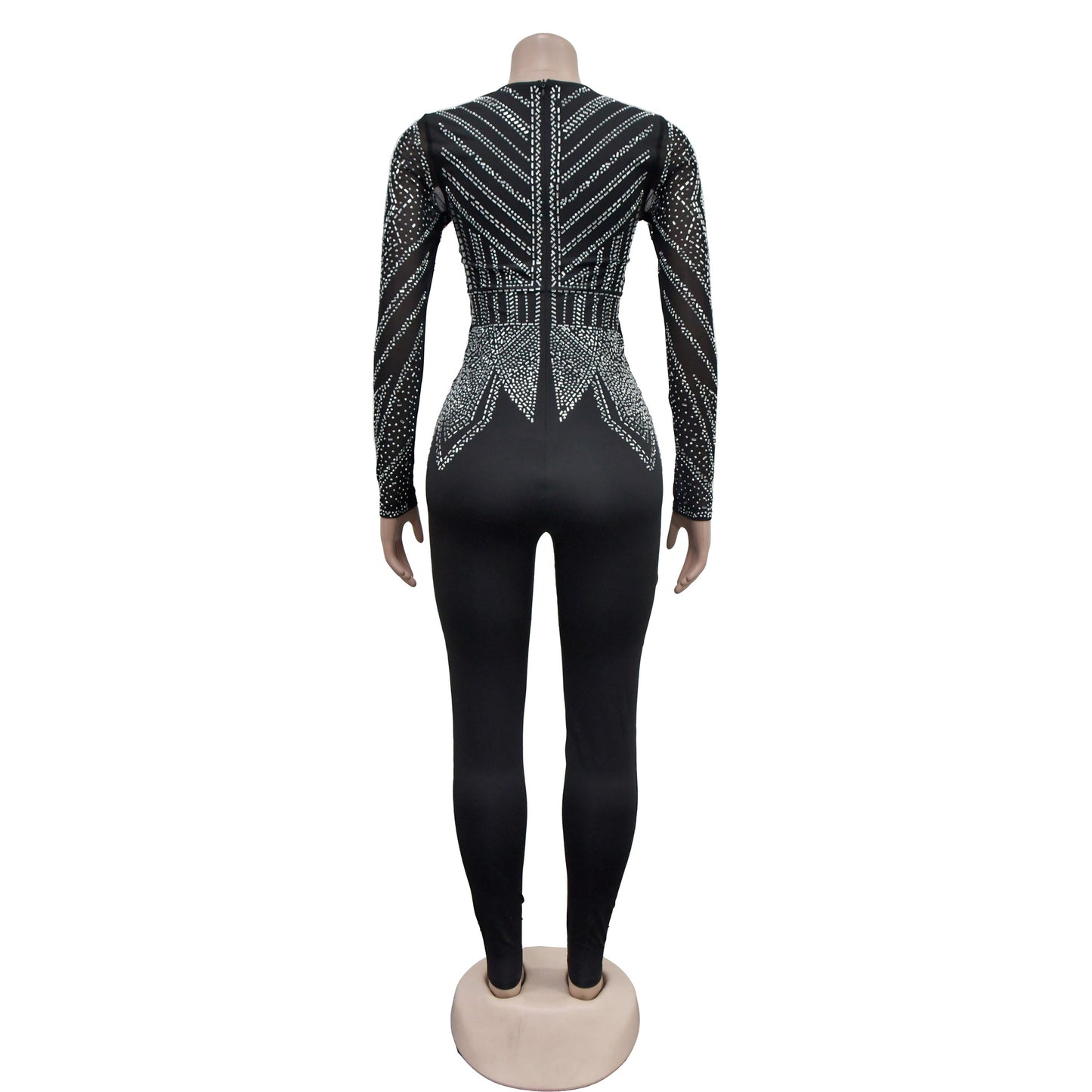 MALYBGG V-neck Mesh Sequin Long Sleeve Jumpsuit 6875-1LY