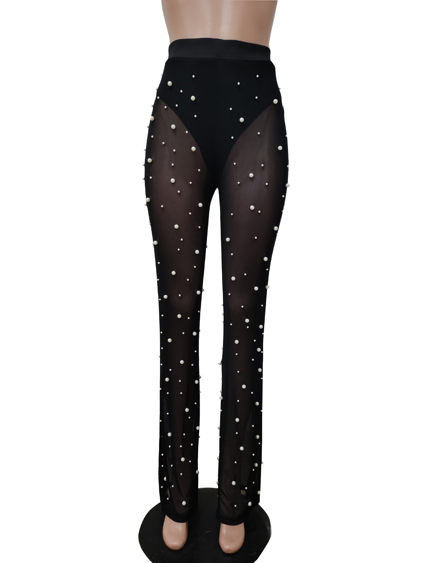 MALYBGG Wide-Leg Beaded Trousers in Sheer Mesh with Elastic Waist 83139LY
