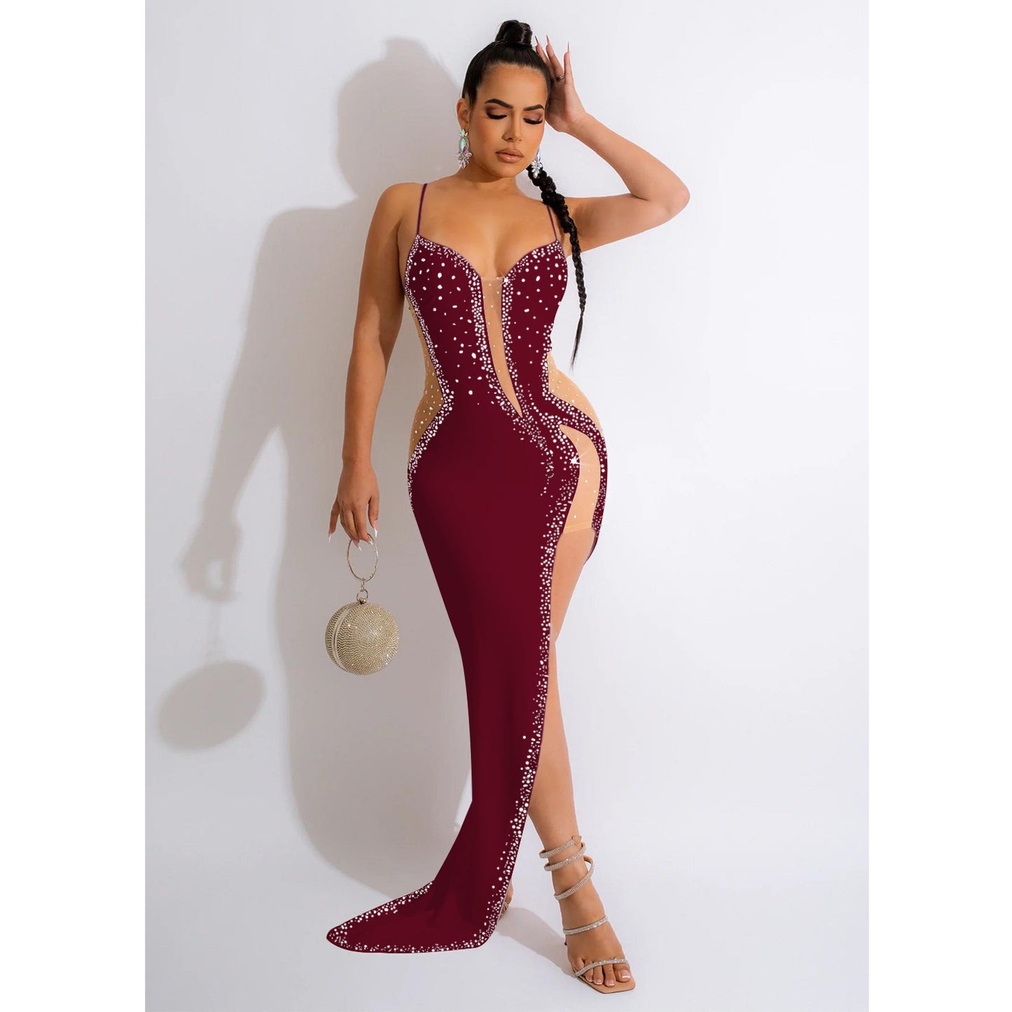 MALYBGG Solid Color Rhinestone Strap Maxi Dress 6039LY