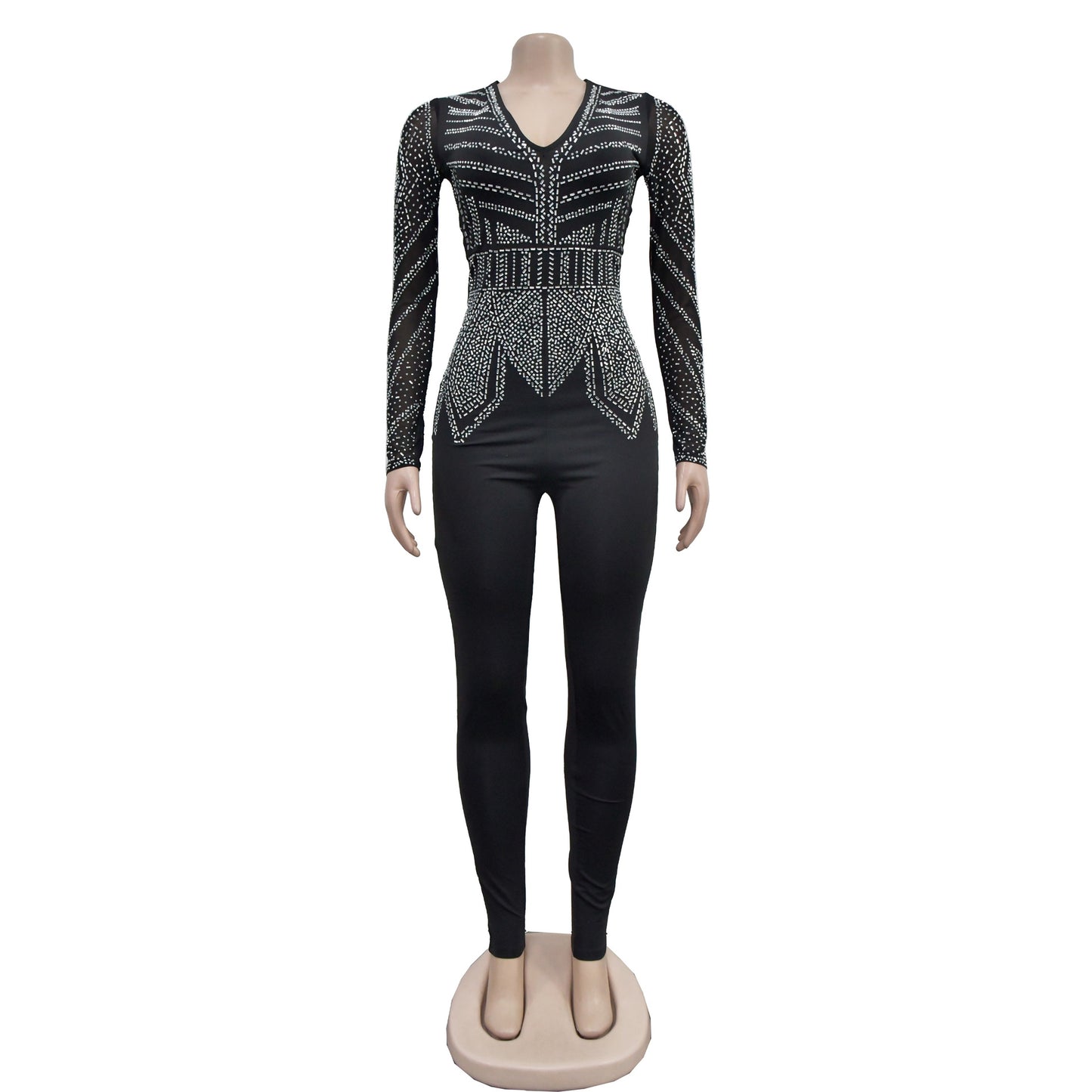 MALYBGG V-neck Mesh Sequin Long Sleeve Jumpsuit 6875-1LY