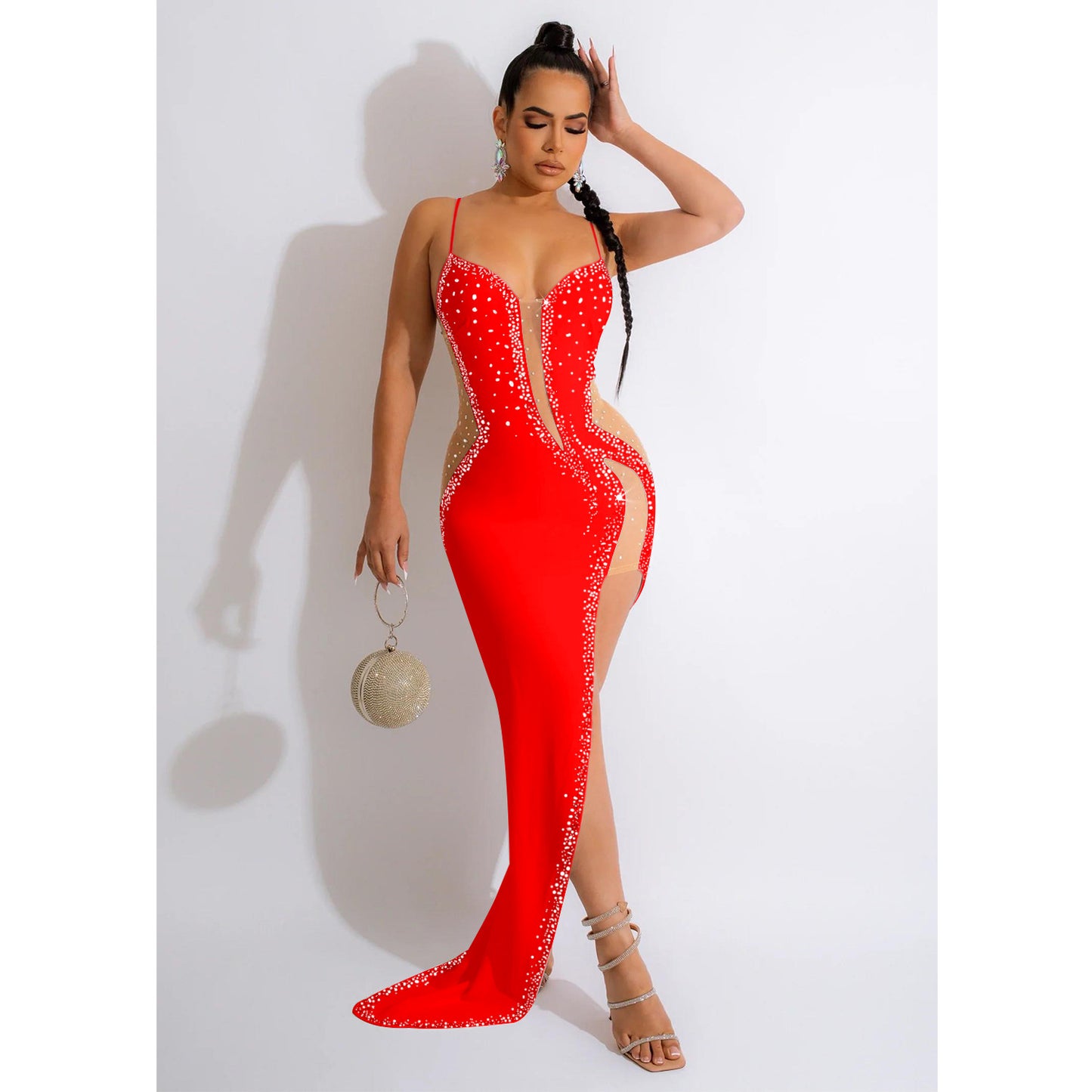 MALYBGG Solid Color Rhinestone Strap Maxi Dress 6039LY