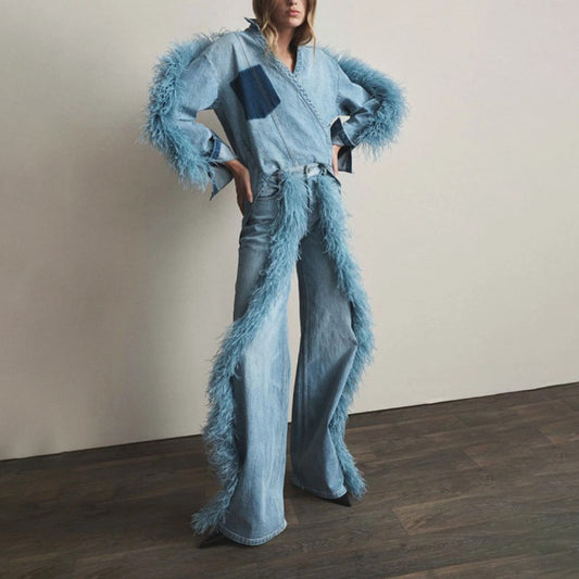 MALYBGG Autumn/Winter New Arrivals: Distressed Washed Wide-Leg Trousers with Stylish Plush Decorations - Women's Straight-Leg Jeans ZZ-27596