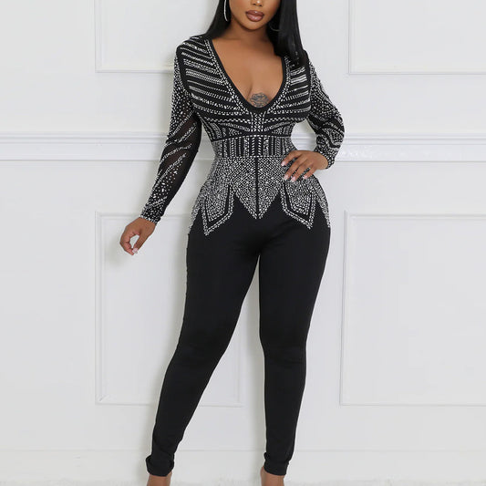 MALYBGG V-neck Mesh Sequin Long Sleeve Jumpsuit 6875-1LY