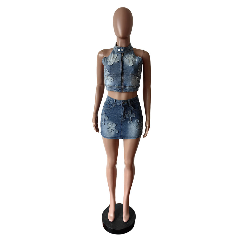 MALYBGG Embroidered Vest Top And Mini Skirt Denim Sets 88583LY