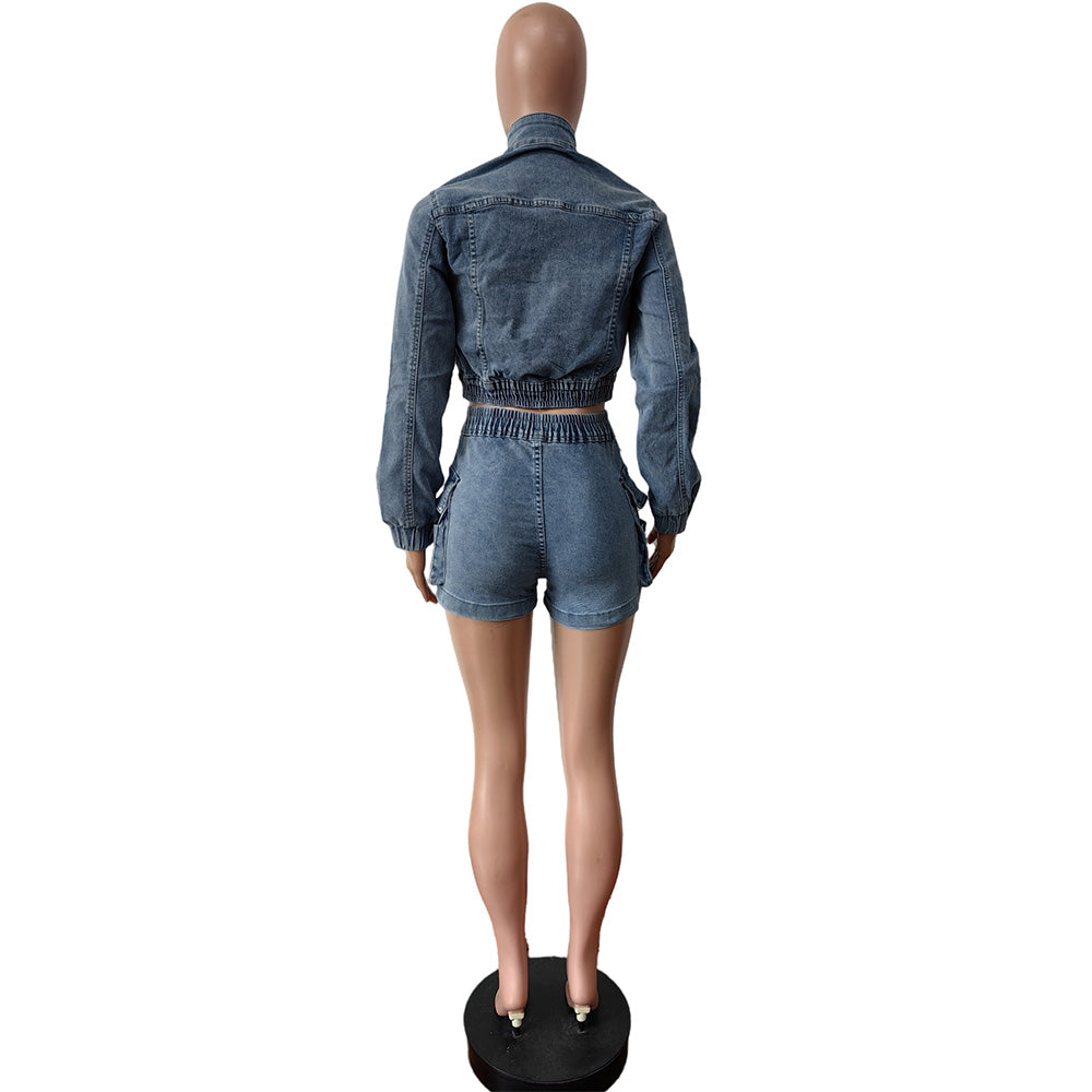 MALYBGG Button-Up Crop Jacket And Cargo Short Set Denim Suits 88571LY