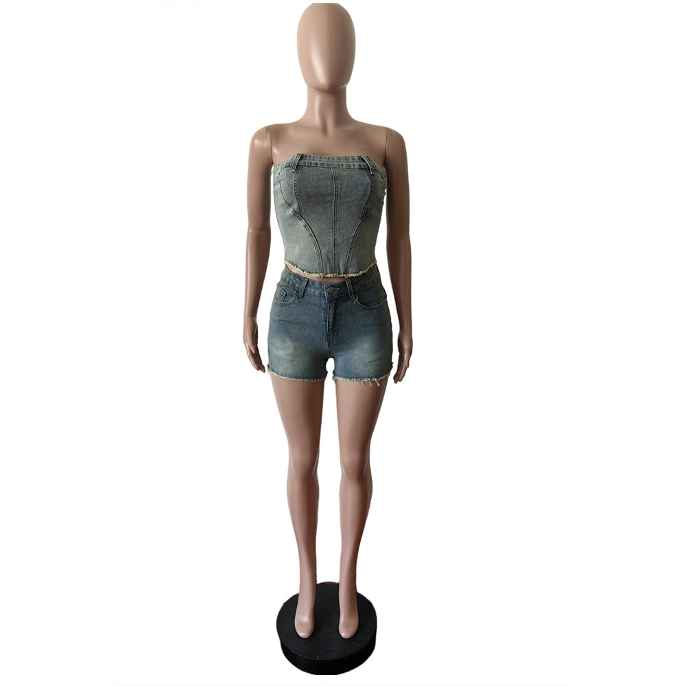 MALYBGG Strapless Tube Top And Denim Short Sets 88581LY