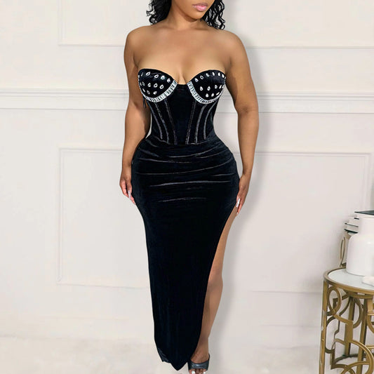 MALYBGG Monochromatic Rhinestone-Embellished Strapless Dress 900967LY