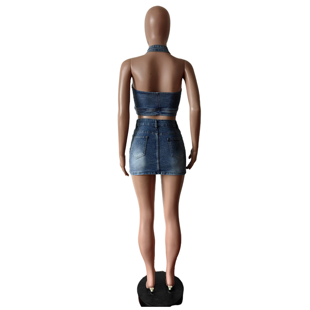 MALYBGG Embroidered Vest Top And Mini Skirt Denim Sets 88583LY