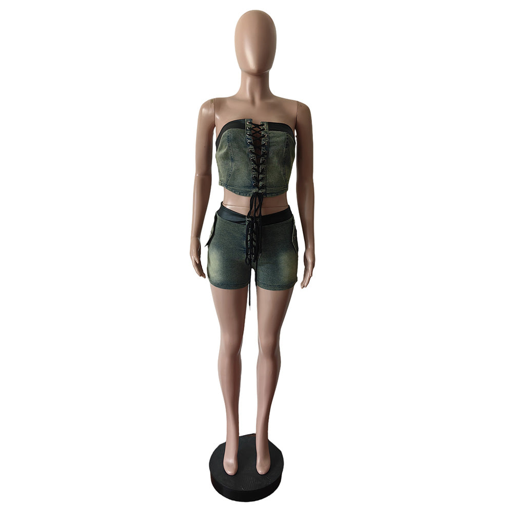 MALYBGG Wrap Chest Tube Top And Shorts Denim Sets 88579LY