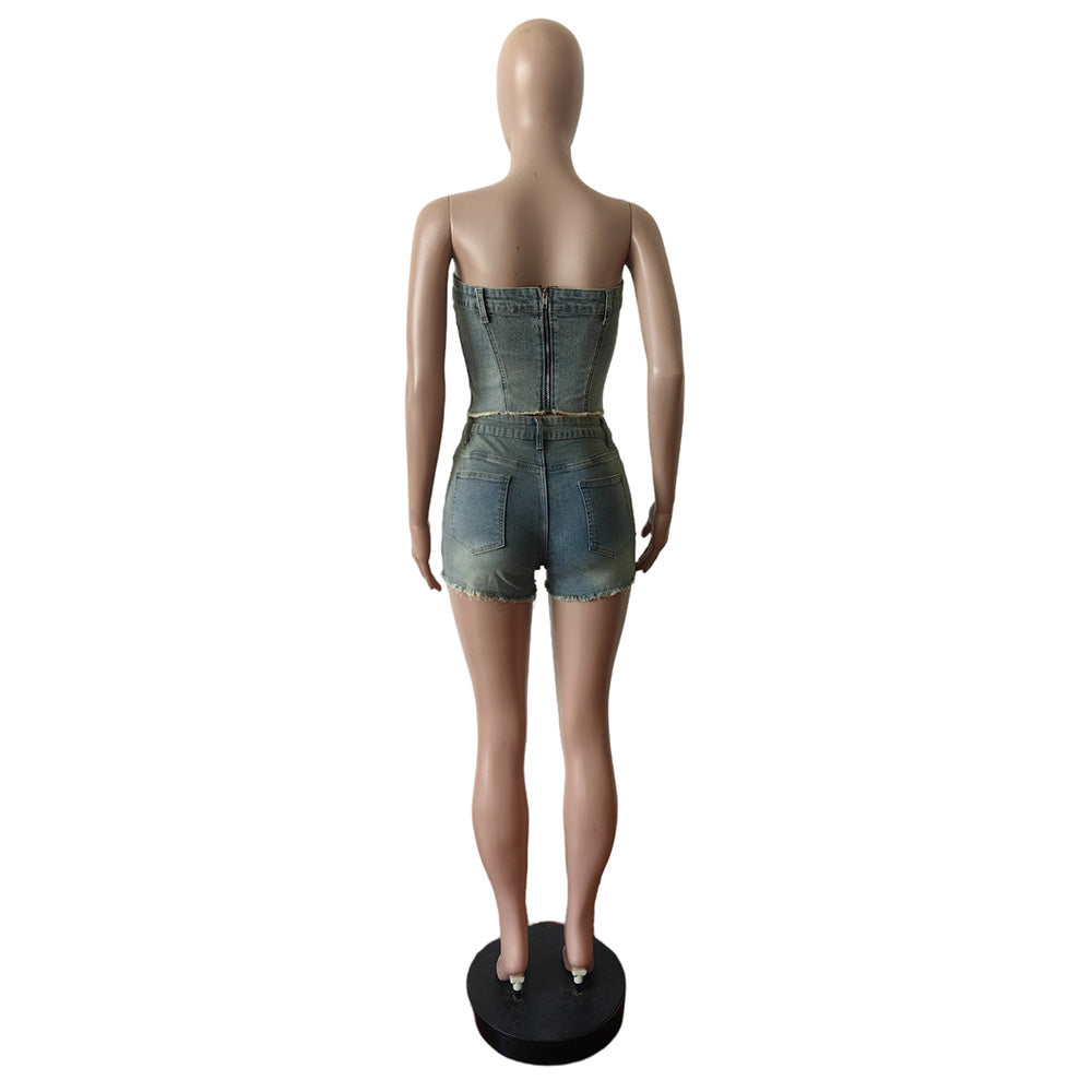 MALYBGG Strapless Tube Top And Denim Short Sets 88581LY