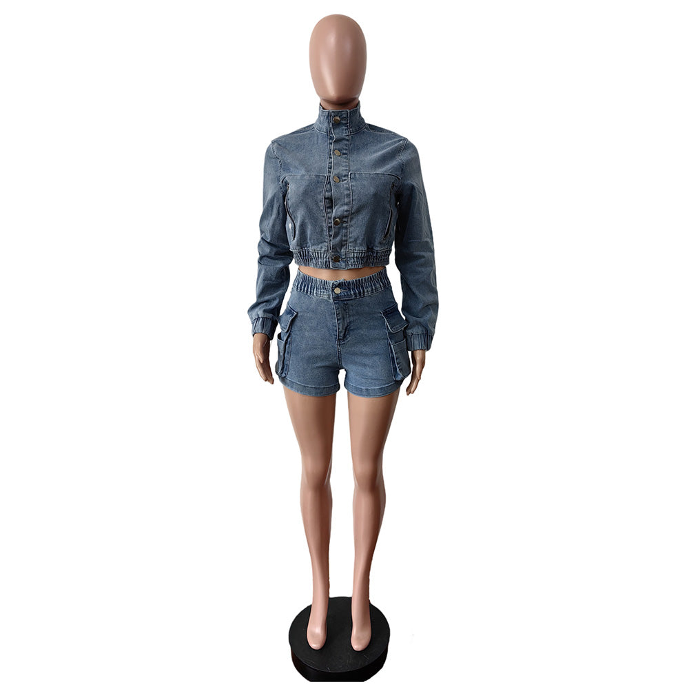 MALYBGG Button-Up Crop Jacket And Cargo Short Set Denim Suits 88571LY