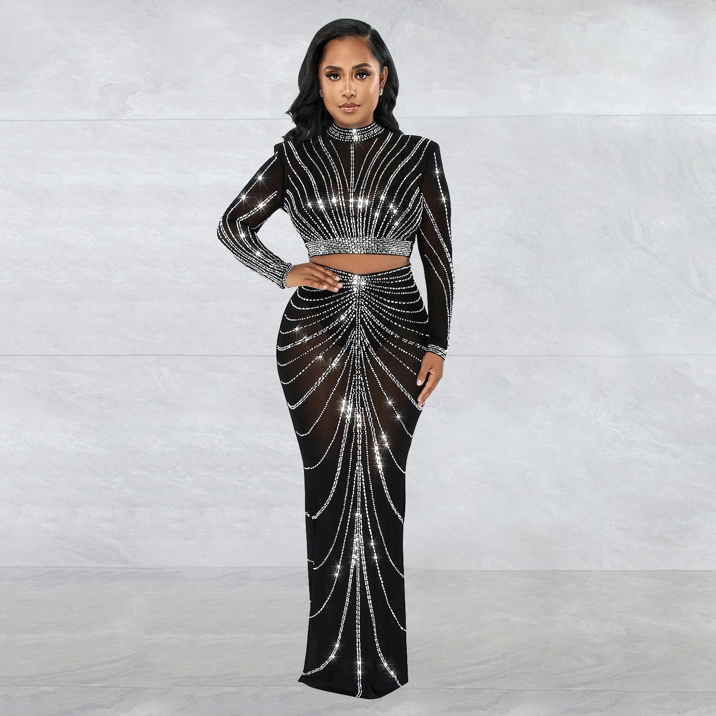 MALYBGG Long Sleeve Mesh Overlay Dress Set 6028LY