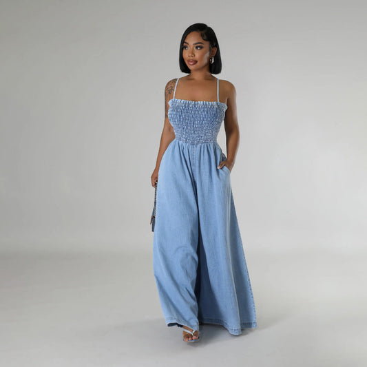 MALYBGG Fashionable Washed Denim Sexy Strappy Wide-Leg Jumpsuit for Women ZZ-27848