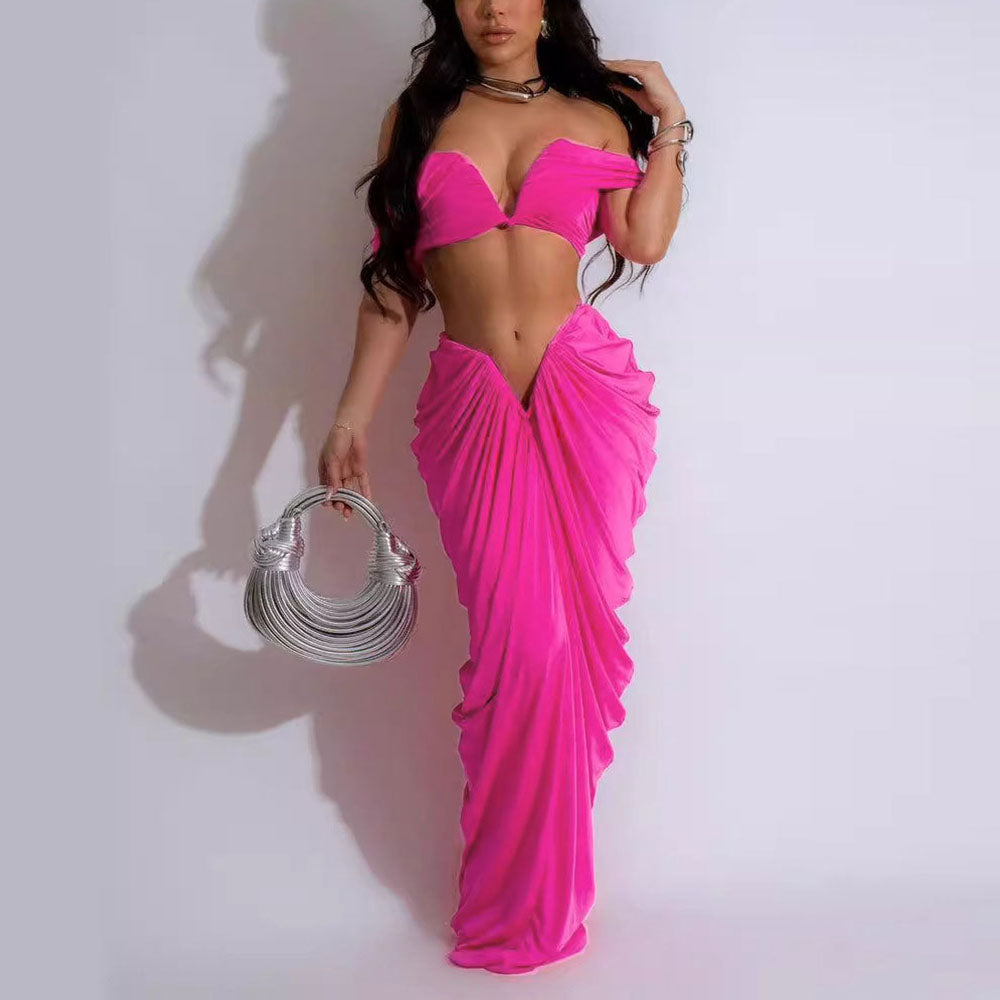 MALYBGG Two-Piece Set of Sleeveless Bandeau Elastic Tight Floor-Length Pleated Skirt 10642LY