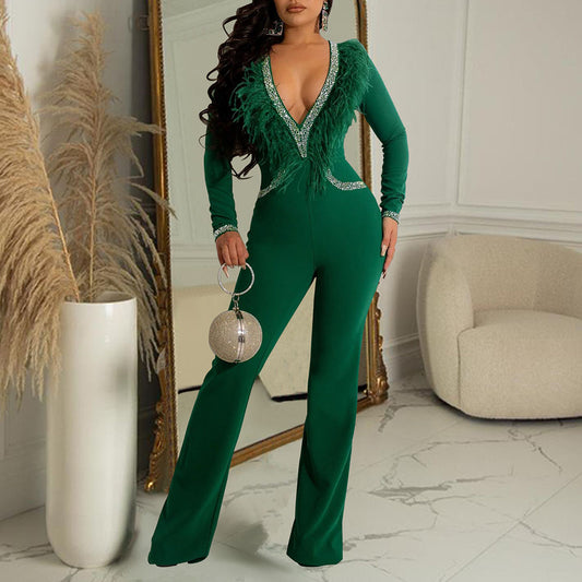 MALYBGG Rhinestone V-Neck Long Sleeve Fitted Jumpsuit 6061LY