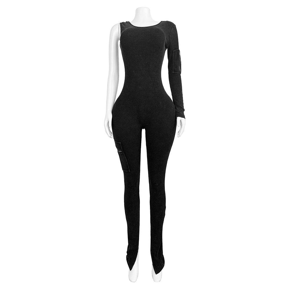 MALYBGG Asymmetrical Sleeve Zipper Pockets Skinny Jumpsuit 24045LY