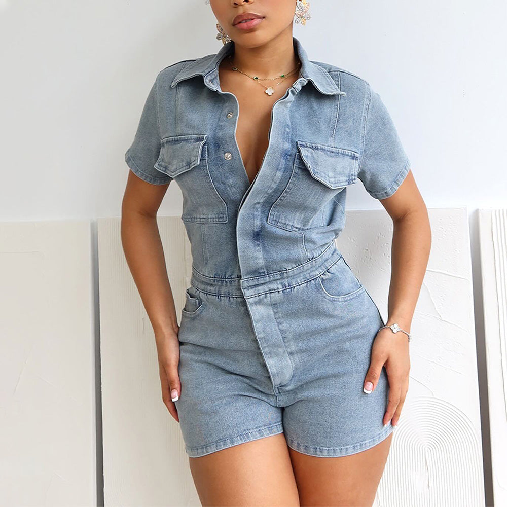 MALYBGG Casual Multi-Pockets Denim Short Jumpsuits 88580LY