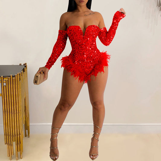 MALYBGG Monochromatic Beaded Long-Sleeve Romper Jumpsuit 6225LY