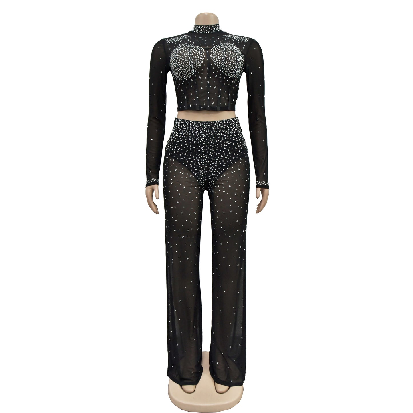 MALYBGG Mesh Rhinestone Long Pants Two-Piece Set 6799LY