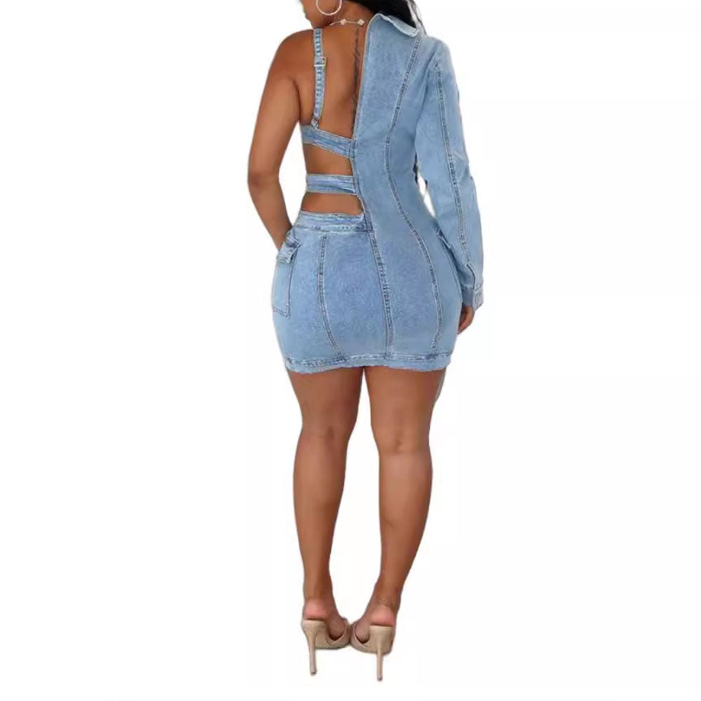 MALYBGG Denim Off-Shoulder Dress with Single Sleeve 88588LY