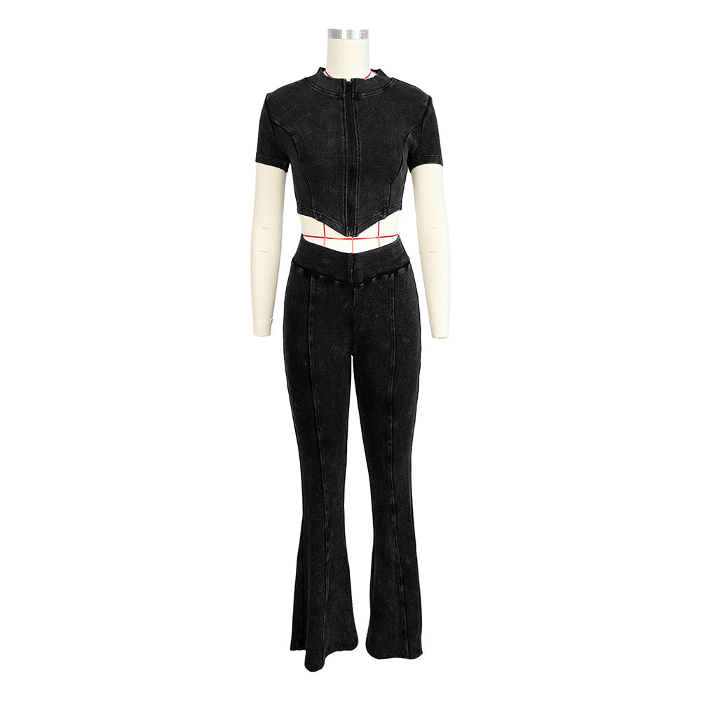 MALYBGG Zip-Up Short Sleeve Top And Flare Long Pant Set 24035LY