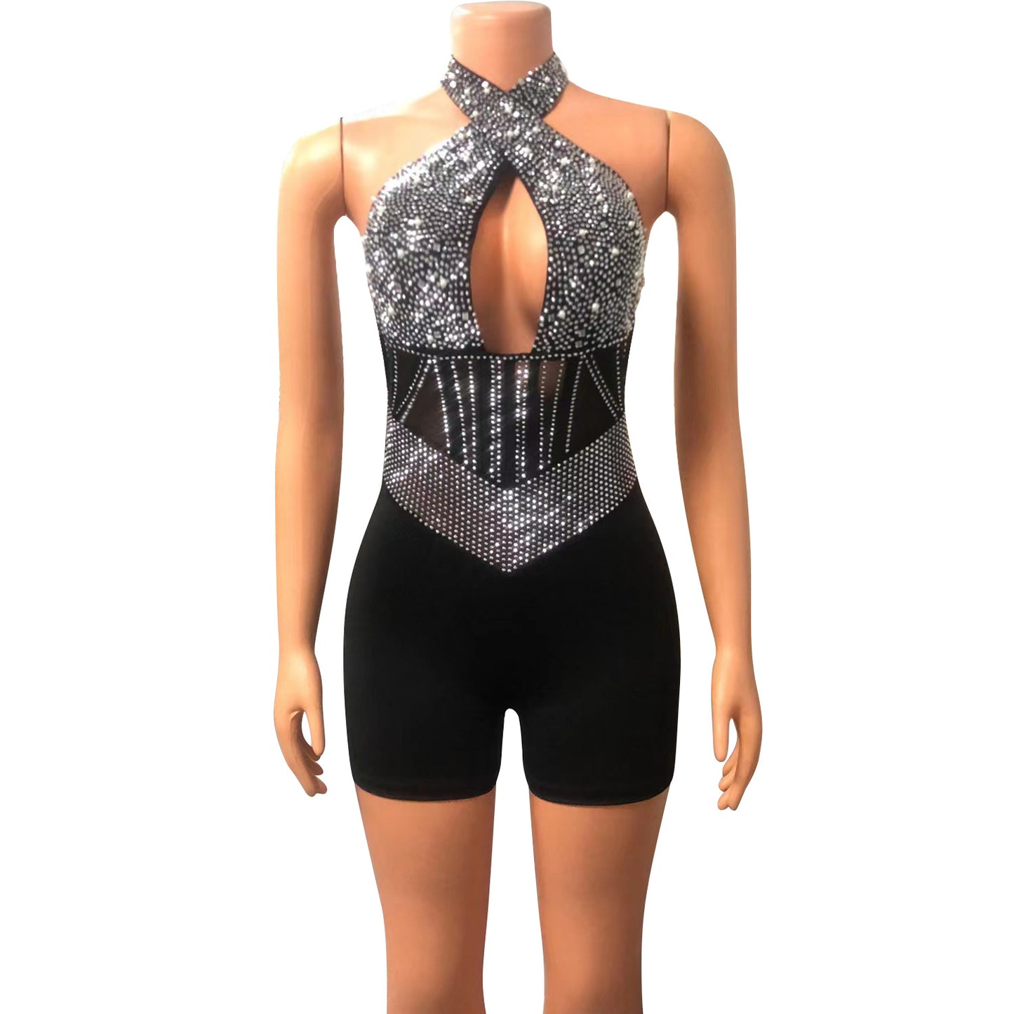 MALYBGG Tight-Fit Rhinestone-Adorned Net Bodysuit with Halter Neckline 6956LY