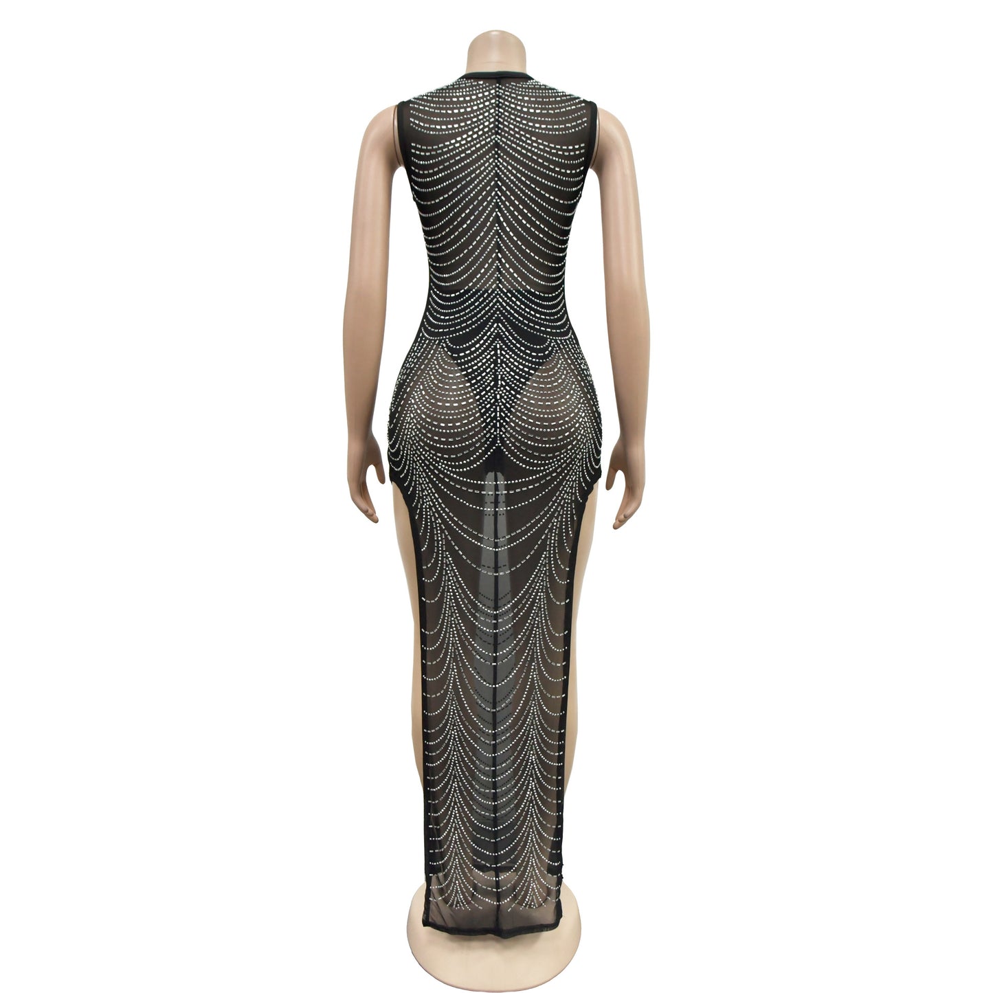 MALYBGG Mesh Rhinestone Decorated Sleeveless Long Dress 6733LY