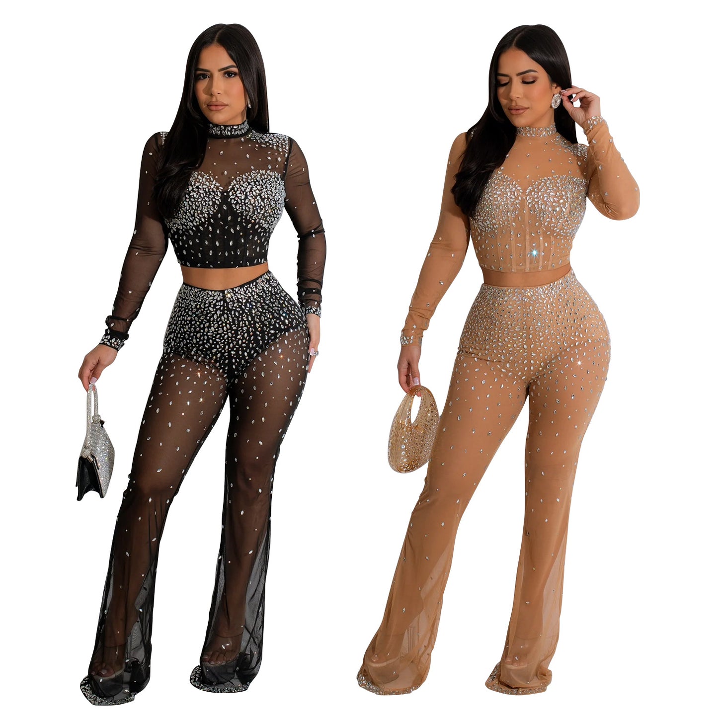 MALYBGG Mesh Rhinestone Long Pants Two-Piece Set 6799LY