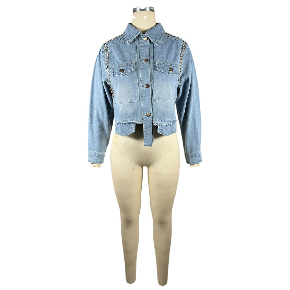 MALYBGG Ragged and Irregular Drilled - Nail Long - Sleeve Denim Jacket with Shirt Collar ZZ-27840