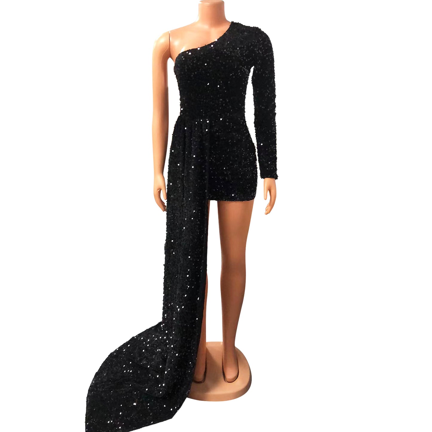 MALYBGG Long Sleeve One-Shoulder Dress with Sequined Statement Hem 6922LY